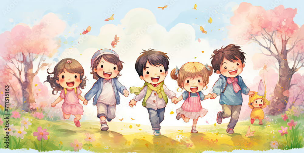 Group of Children Walking Through Park Enjoying Nature and Playtime Together Group of Children Walking Through Park Enjoying Nature and Playtime Together