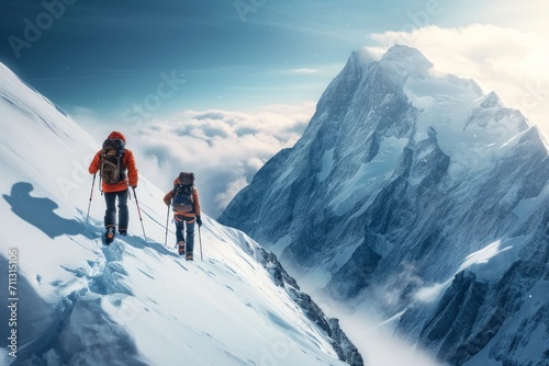 Two hikers ascending a snowy mountain range © ParinApril
