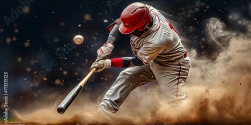 Baseball player hitting a ball with dust flying around photo