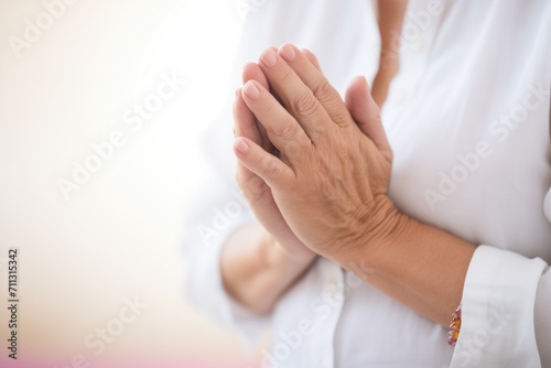 closeup of hands in prayer position during meditation