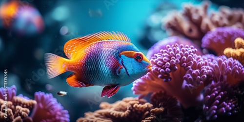 Tropical fish swimming in an aquarium with coral © ParinApril
