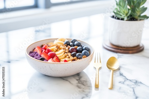 acai bowl on an elegant marble countertop with gold cutlery photo