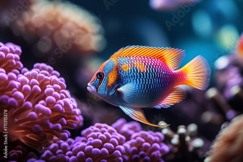 Tropical fish swimming in an aquarium with coral