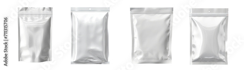 Set of aluminum blank foil food pack bag packaging collection illustration isolated transparent background, . PNG, cutout, or clipping path.	
, 