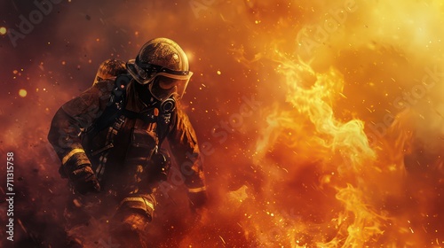 A fire-fighting background with ample copy space for text, showcasing a fire effect, a firefighter in full uniform, fireproof clothing, personal protective equipment, and an oxygen cylinder photo