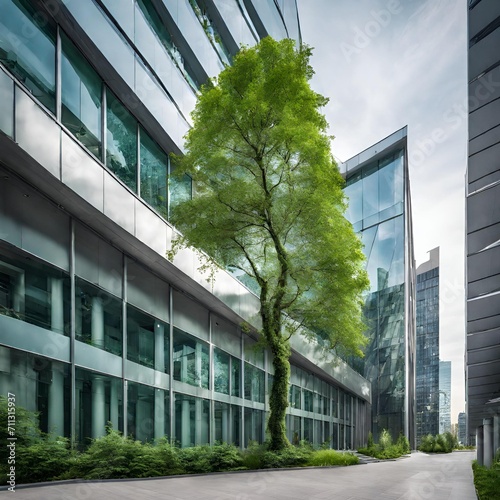 Office building with green environment. Eco-friendly building in the modern city. Sustainable glass office building with trees for reducing heat and carbon dioxide.