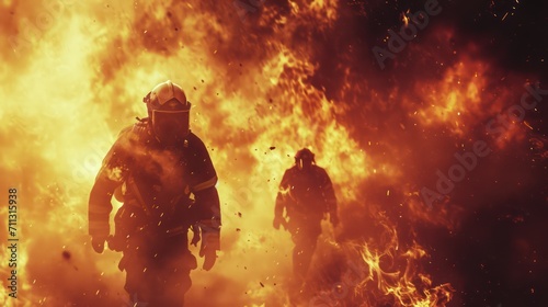 A fire-fighting background with ample copy space for text, showcasing a fire effect, a firefighter in full uniform, fireproof clothing, personal protective equipment, and an oxygen cylinder photo