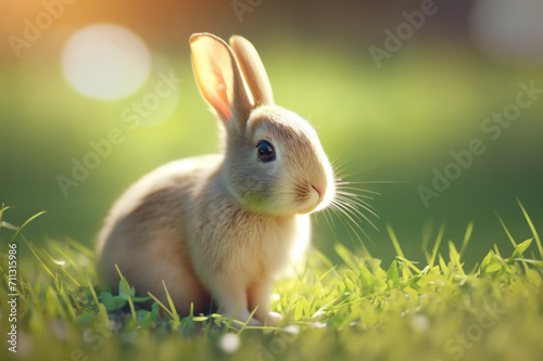 A cute rabbit portrait captured in the soft morning light of nature.