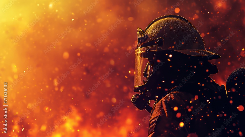 A fire-fighting background with ample copy space for text, showcasing a fire effect, a firefighter in full uniform, fireproof clothing, personal protective equipment, and an oxygen cylinder A fire-fighting background with ample copy space for text, showcasing a fire effect, a firefighter in full uniform, fireproof clothing, personal protective equipment, and an oxygen cylinder