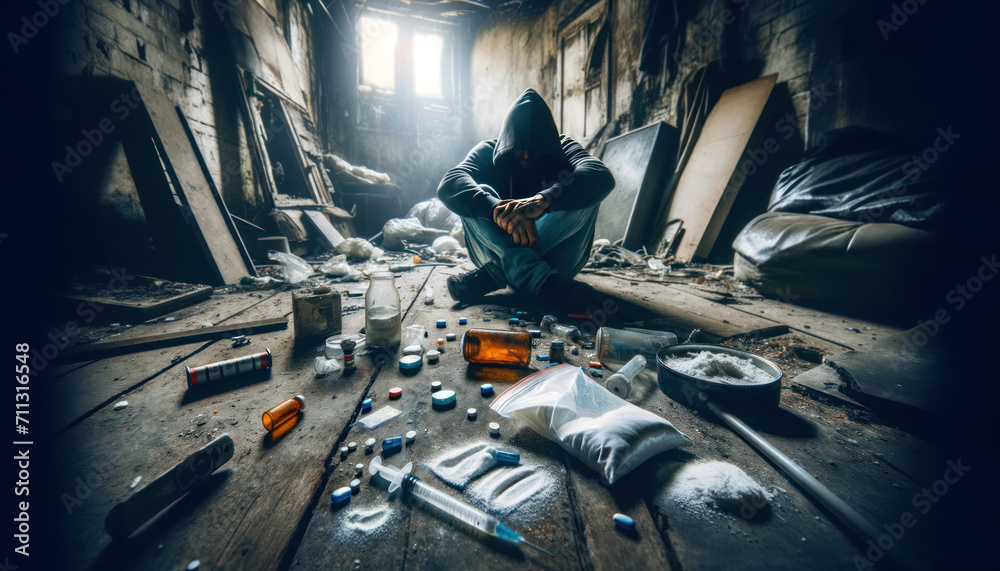 The Harsh Reality of Drug Addiction: Isolation and Despair - obrazy, fototapety, plakaty 