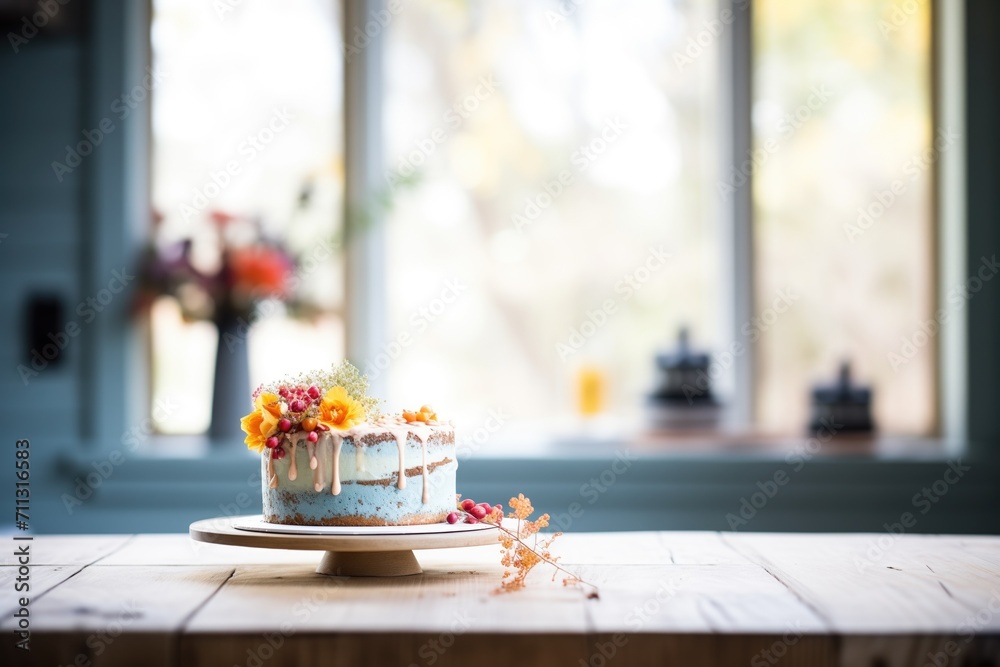 cake on rustic wood table, natural light