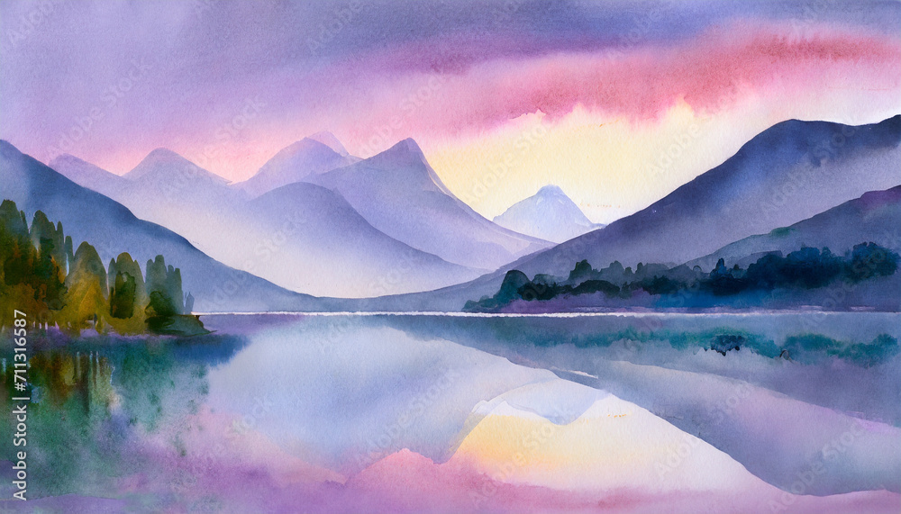 Watercolor Art Painting: Lakeside Dreams with Distant Mountains Breezily at Twilight