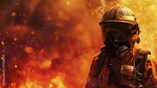 A fire-fighting background with ample copy space for text, showcasing a fire effect, a firefighter in full uniform, fireproof clothing, personal protective equipment, and an oxygen cylinder