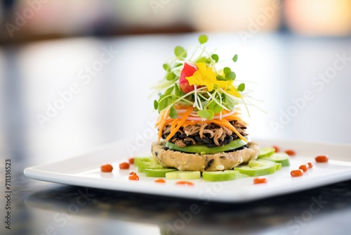 open-faced black bean burger with sprouts