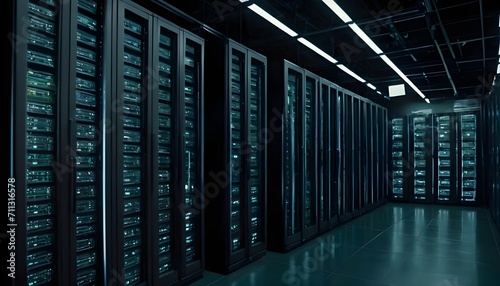 Modern Data Technology Center Server Racks in Dark Room with VFX