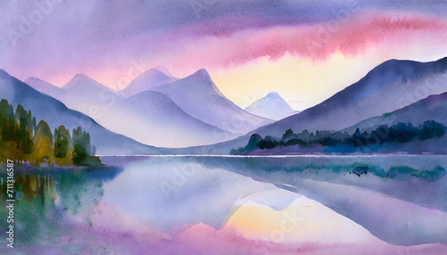 Watercolor Art Painting: Lakeside Dreams with Distant Mountains Breezily at Twilight © Mangata Imagine