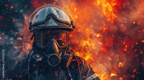 Firefighting-themed background with space for text, featuring a fire effect, a fully geared firefighter, fireproof clothing, personal protective equipment, and an oxygen cylinder.