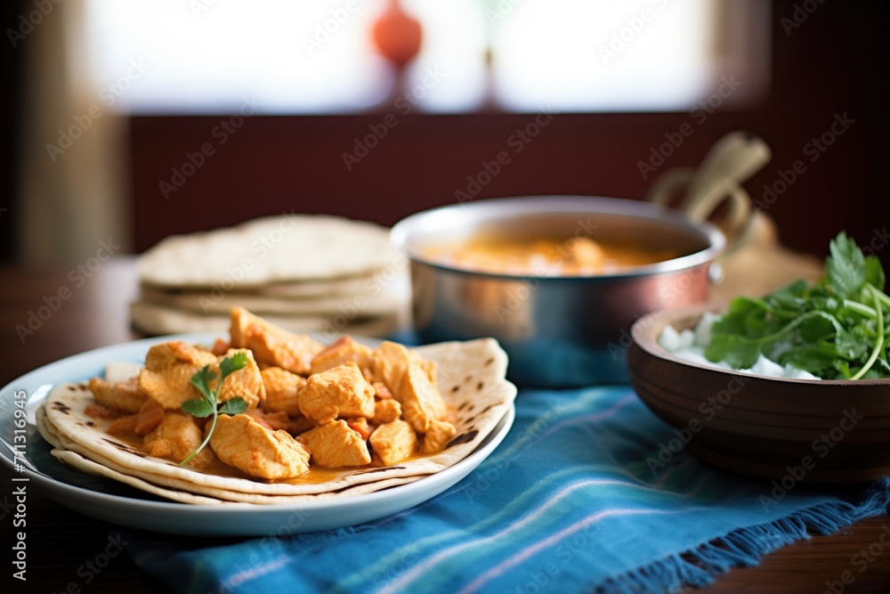 a bowl of butter chicken beside a stack of fresh chapatis