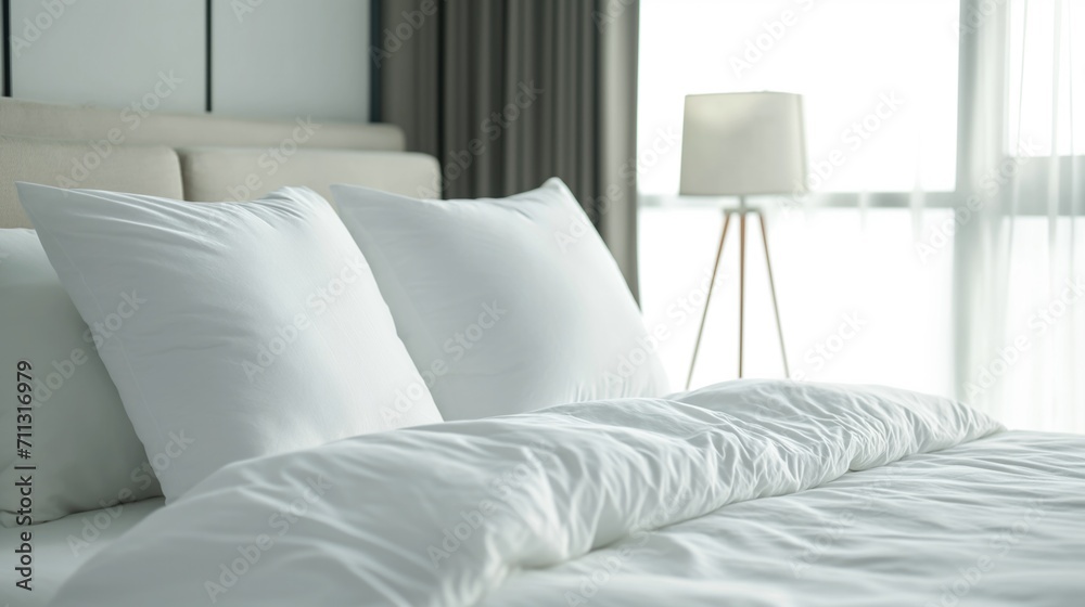 Fototapeta premium Pillow case mockup template. Blank soft pillow on the bed in bedroom.