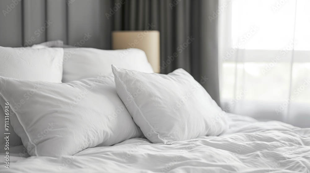 Pillow case mockup template. Blank soft pillow on the bed in bedroom.