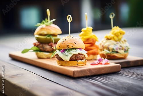 trio of burgers with different cheeses on a wooden plank