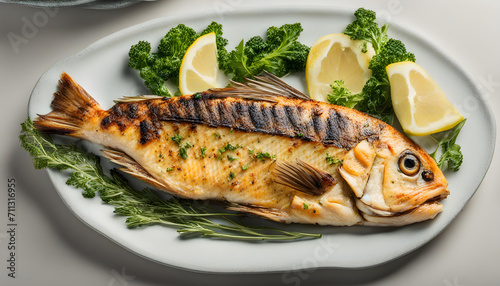 grilled fish with vegetables in the white plate