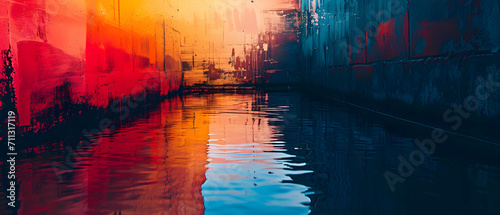 A serene painting of a sunset reflected in the still water of an indoor canal, capturing the beauty of outdoor art © Daniel