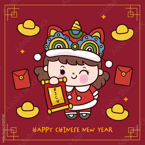 cute girl Chinese New Year Dragon holding label 
 greeting card. Series: Zodiac vector 2024 Wish you rich and wealth