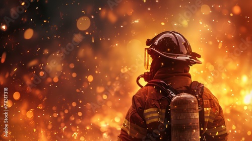 A fire-fighting background with ample copy space for text, showcasing a fire effect, a firefighter in full uniform, fireproof clothing, personal protective equipment, and an oxygen cylinder