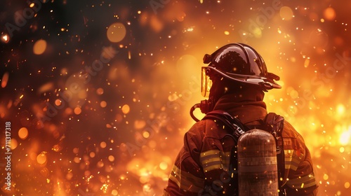 A fire-fighting background with ample copy space for text, showcasing a fire effect, a firefighter in full uniform, fireproof clothing, personal protective equipment, and an oxygen cylinder photo