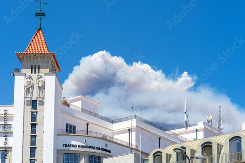 cloud formed in fire in Serra da Estrela appearing between buildings in the city of CovilhÃ photo