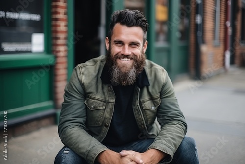 Portrait of a handsome bearded hipster man sitting on the street