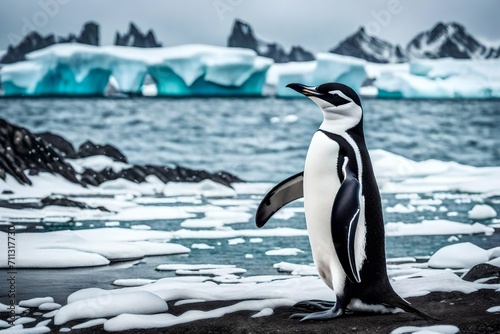 Immerse yourself in the frosty tranquility of Antarctica as a chinstrap penguin enjoys the pristine beauty of the beach. © Zaitoon