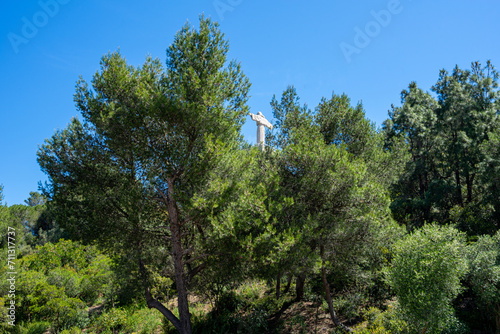 statue of Christ from Almada/Lisbon, Portugal seen through vegetation with strong blue sky.