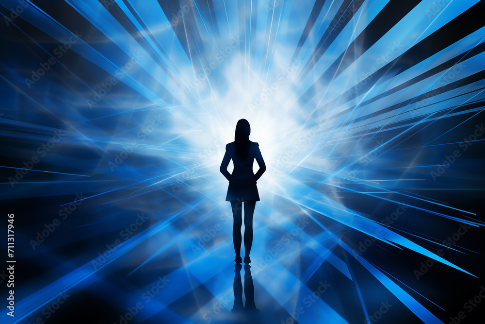 Metaverse Mastery: Businesswoman Silhouette on Blue Lines. Generative ai