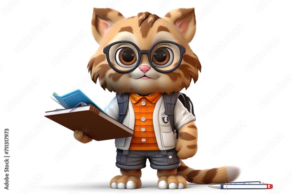 3d Render of Cute cat cartoon character with book and pen