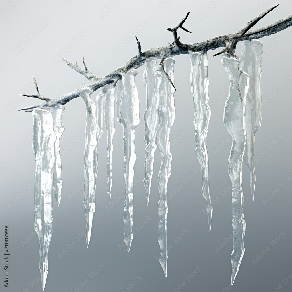 Icicles Hanging From Branch, Winter Nature Scene With Frozen Droplets
