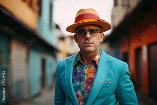 Portrait of a stylish man in a blue jacket and hat.
