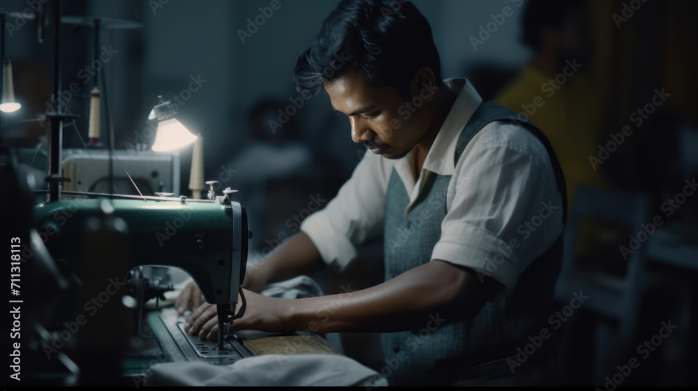 photo of asian seamstress male workers in textile factory sewing with industrial sewing machines. Generative AI - obrazy, fototapety, plakaty 