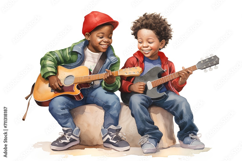 Two happy children playing guitar and singing together isolated on white background. Two happy children playing guitar and singing together isolated on white background.