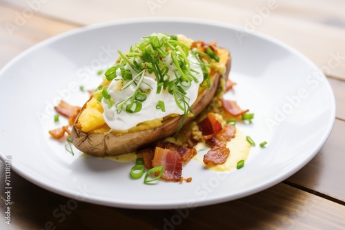 loaded baked potato with chives, bacon, and sour cream