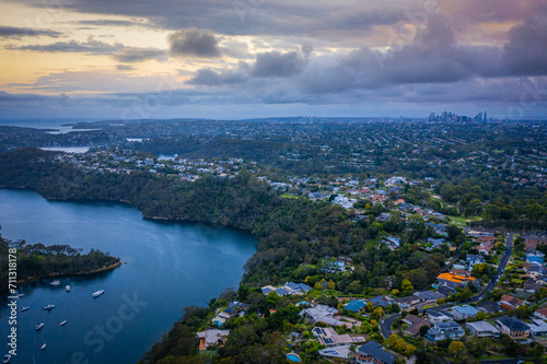 Fototapeta Naklejka Na Ścianę i Meble -  Drone aerial view over suburbs of Northern Beaches in Sydney Australia