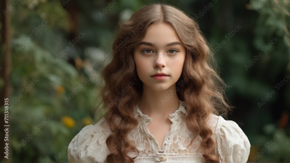 Portrait of beautiful Caucasian teenage girl with wavy brown hair in retro clothes, countryside lifestyle, slow fashion, sustainable village living, natural beauty concept. Portrait of beautiful Caucasian teenage girl with wavy brown hair in retro clothes, countryside lifestyle, slow fashion, sustainable village living, natural beauty concept.