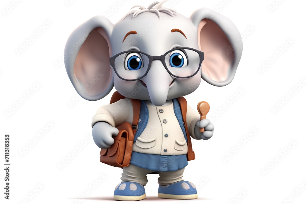 3D Render of Little Elephant cartoon character with backpack and eyeglasses 3D Render of Little Elephant cartoon character with backpack and eyeglasses