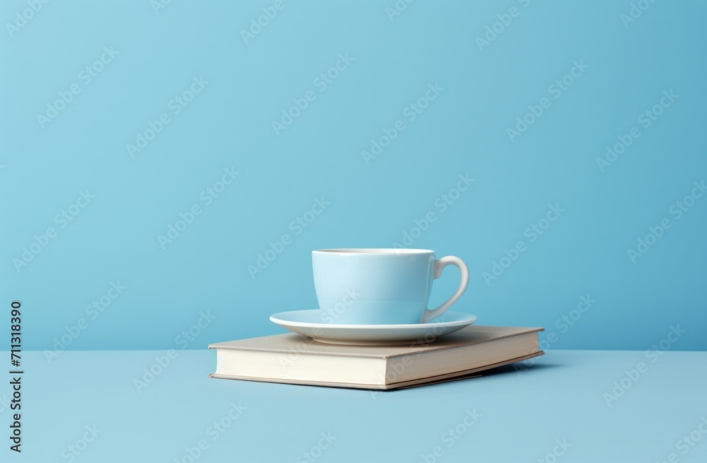 a cup of coffee is sitting atop a blue book on a saucer a cup of coffee is sitting atop a blue book on a saucer