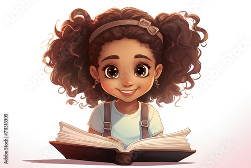 Cute little african american girl reading book. Vector illustration.