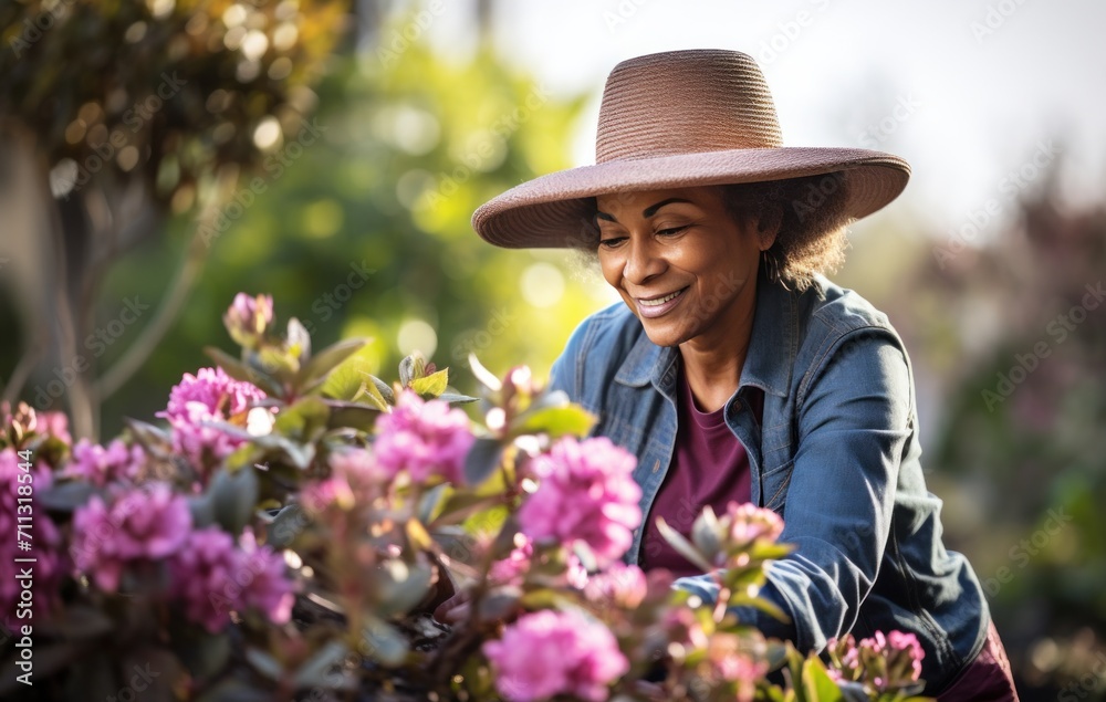a woman is wearing a hat while doing gardening