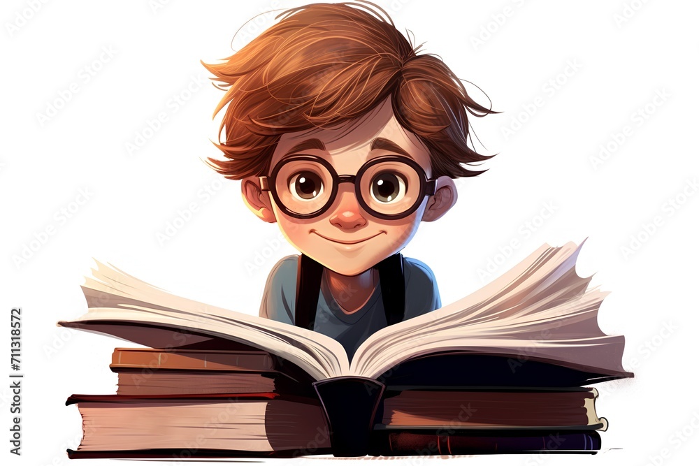 Cute schoolboy with glasses reading a book. Vector illustration.