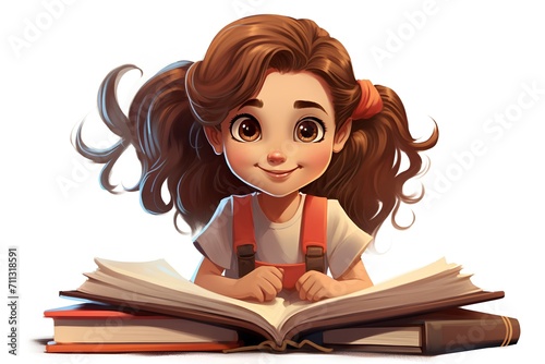 Cute little girl reading a book. Education concept. Isolated white background.