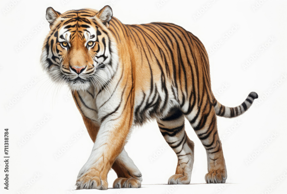 Tiger Walking on White Background - Stunning Image of Majestic Tiger in Motion